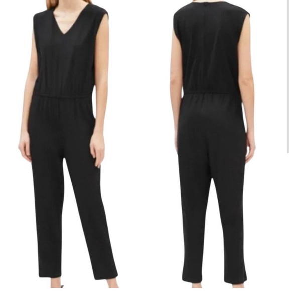 Eileen Fisher jumpsuit L Black V-Neck Washable Crepe Stretch Jersey Knit